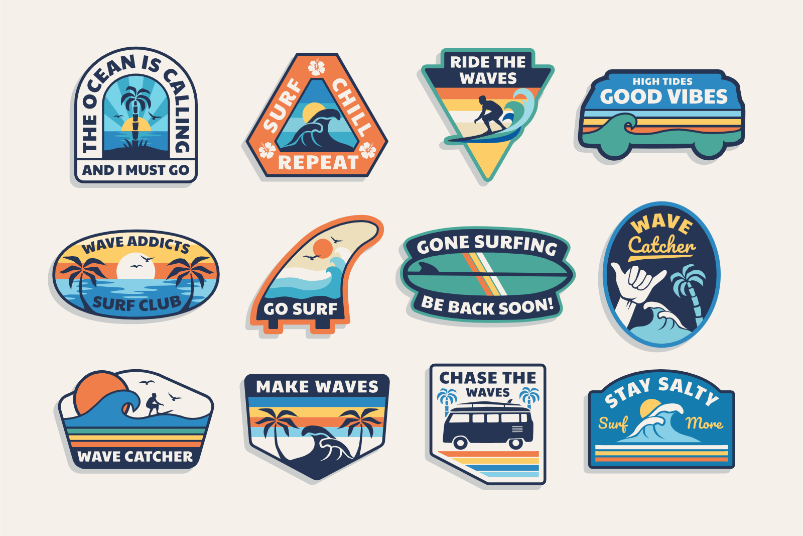 Surfing Theme Badges With Beach Motifs