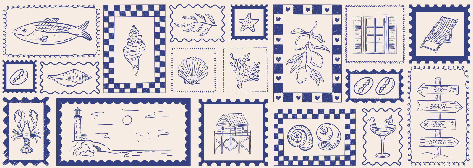 Coastal Theme Stamp Collection Line Art