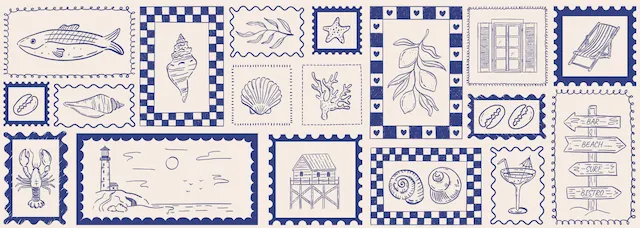 Coastal Theme Stamp Collection Line Art
