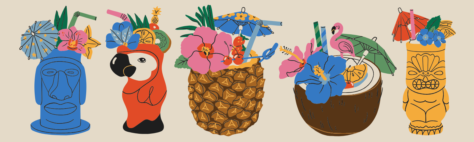 Tiki Tropical Cocktail Collection With Fruits