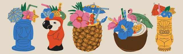 Tiki Tropical Cocktail Collection With Fruits