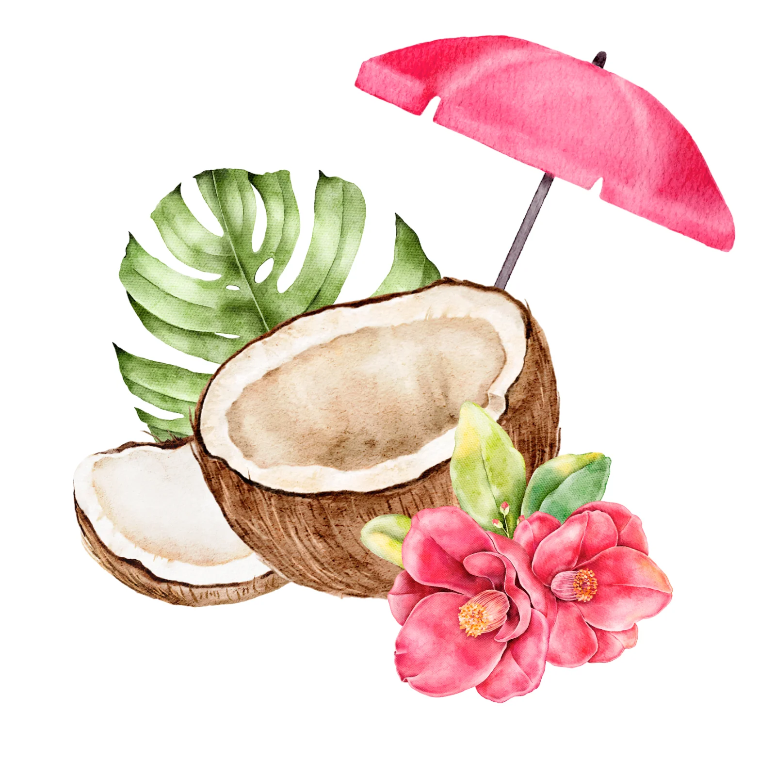 Tropical Coconut With Umbrella And Flowers