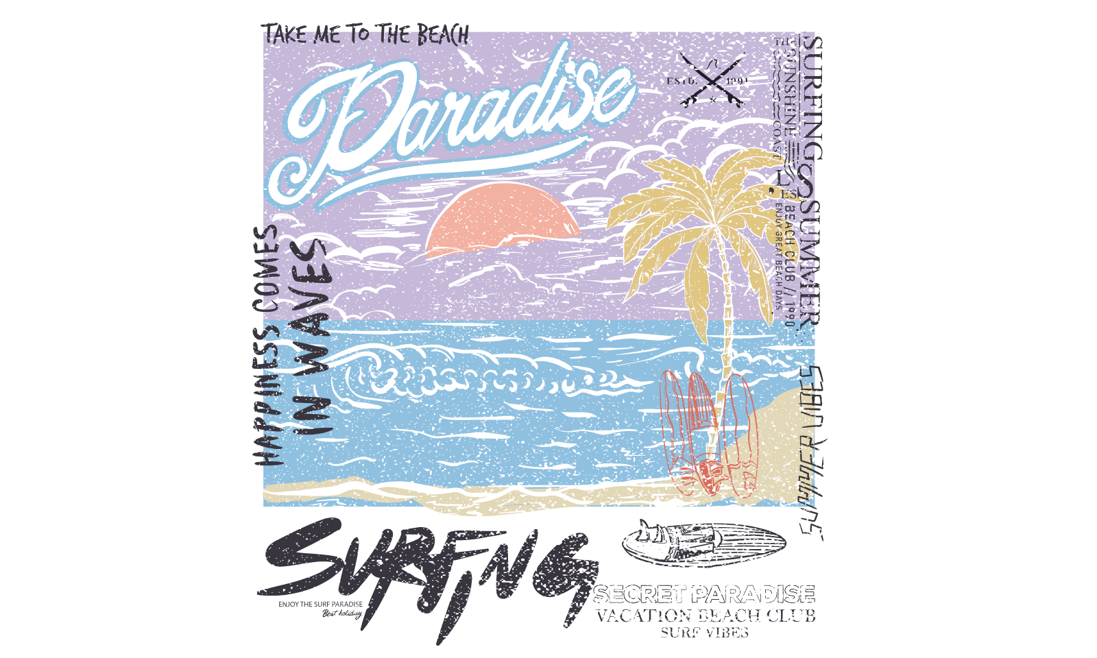Beach Paradise Surf Scene With Palm Tree
