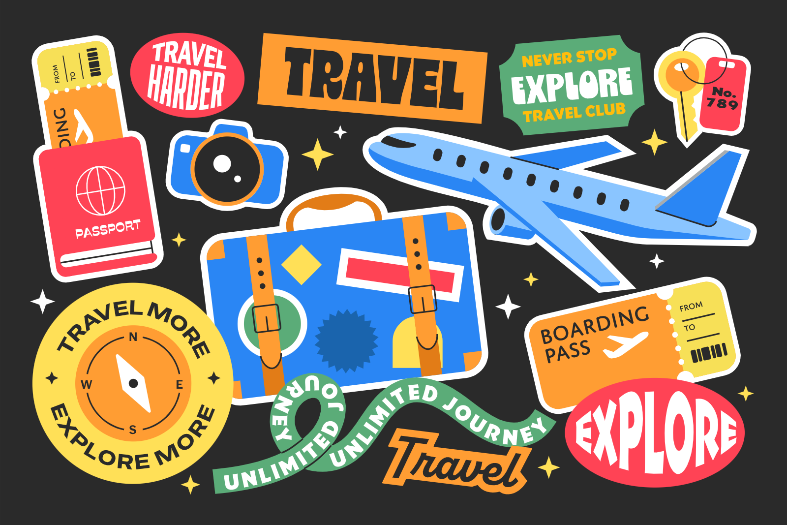 Travel Themed Stickers With Airplane And Luggage