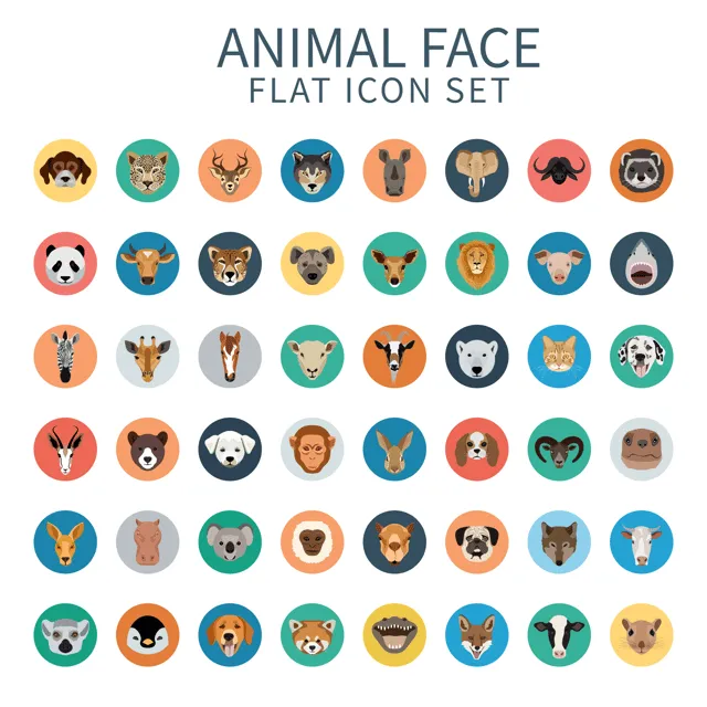 Collection Of Animal Face Flat Icons