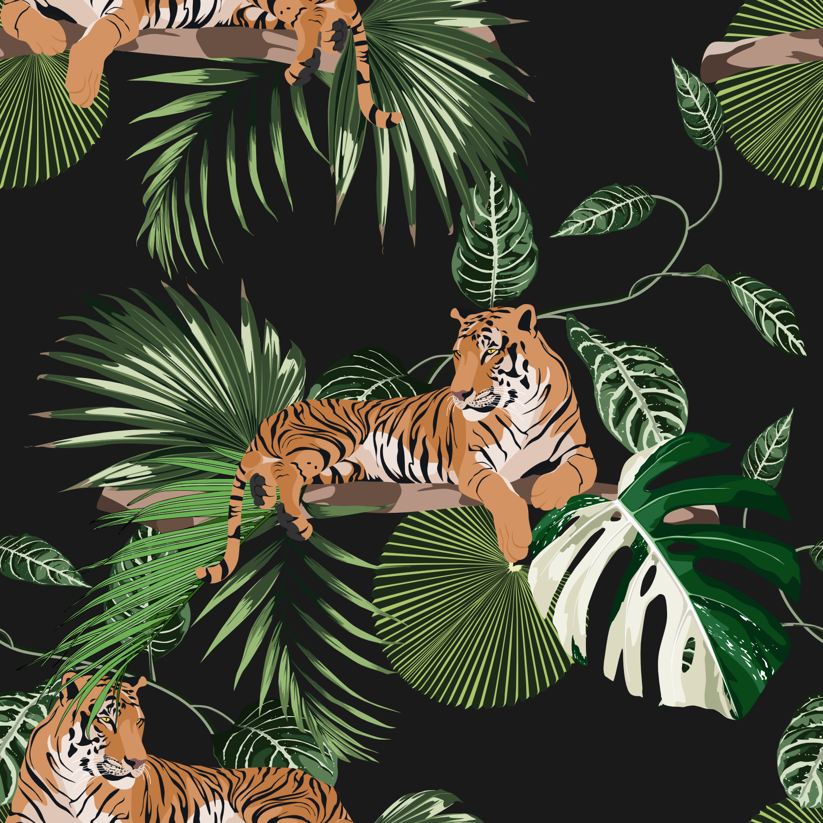 Tiger And Tropical Leaves Seamless Pattern
