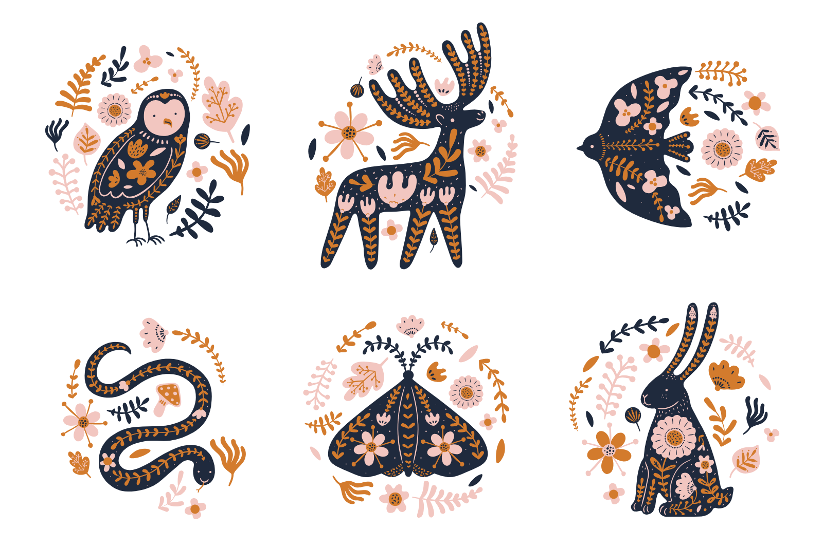 Folk Art Woodland Animal Floral Set