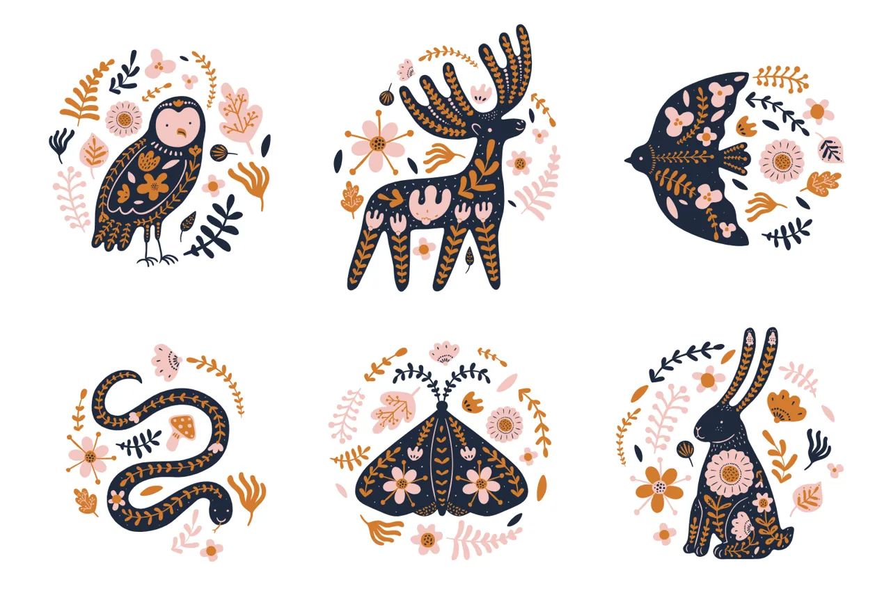 Laser cut and engrave Folk Art Woodland Animal Floral Set