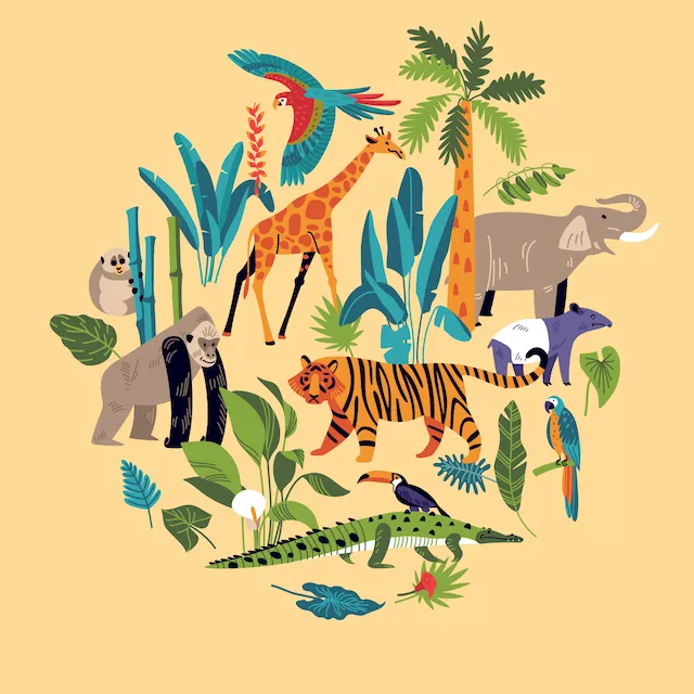 Jungle Animals And Tropical Plants Composition