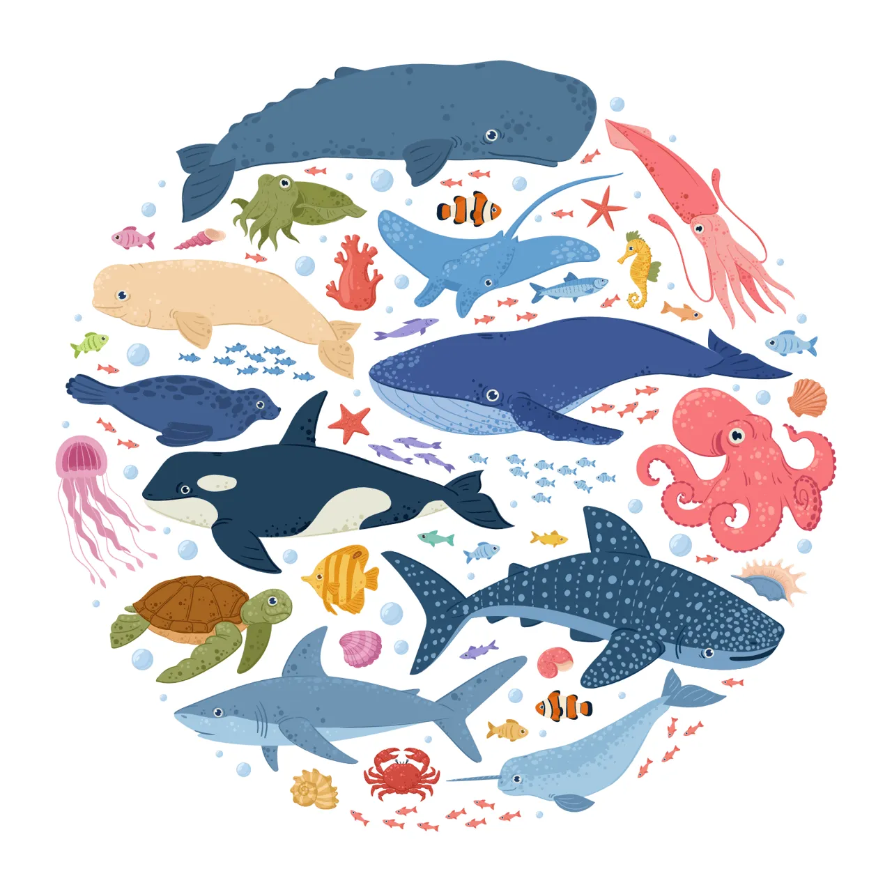 Laser cut and engrave Circular Composition With Diverse Marine Animals