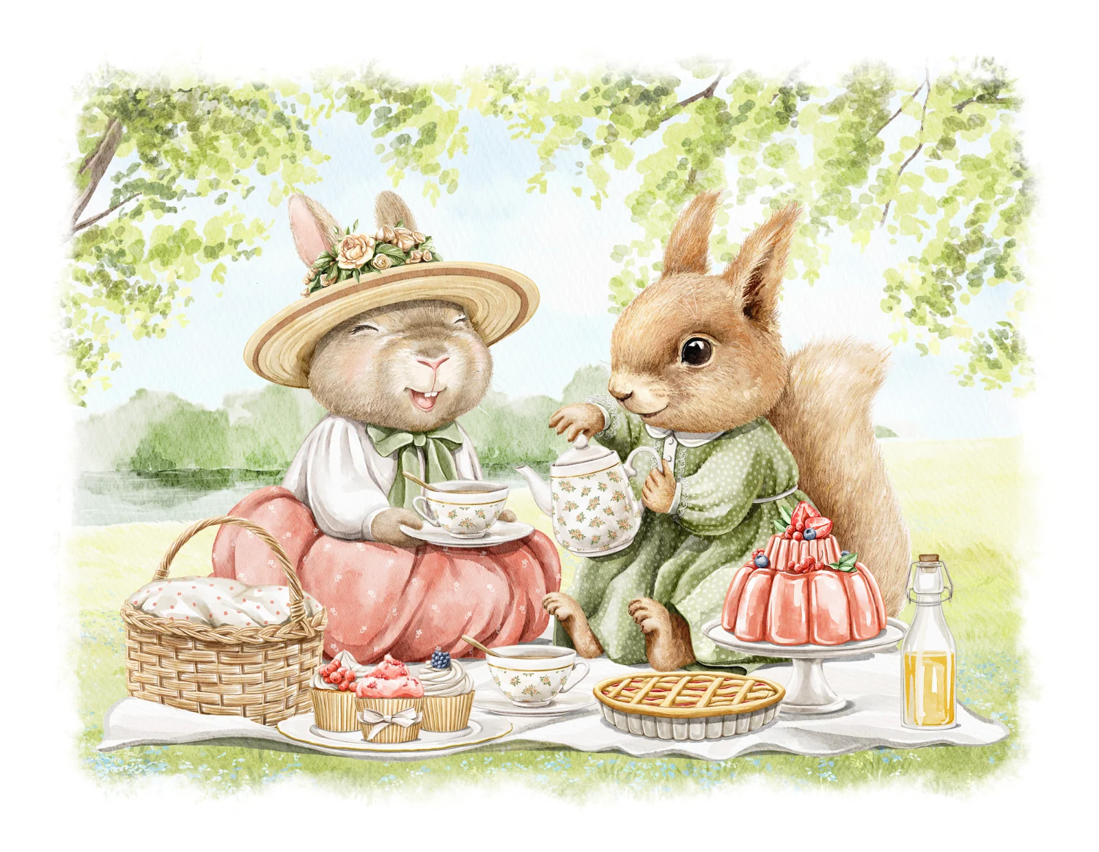 Rabbit And Squirrel Tea Party Illustration