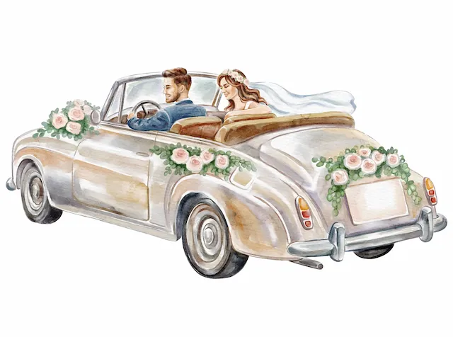Bride And Groom In Wedding Car
