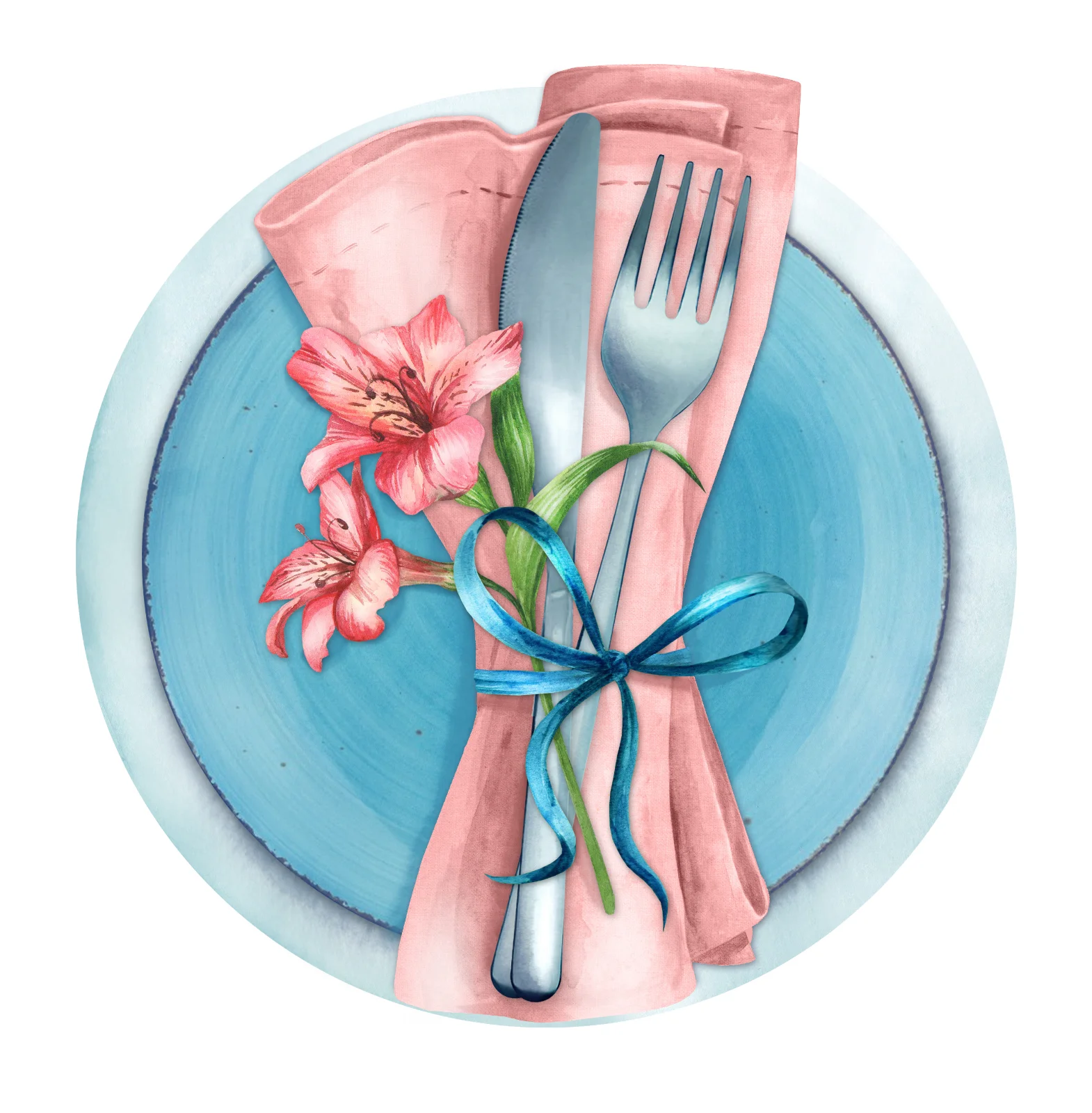 Place Setting With Plate Flower And Ribbon