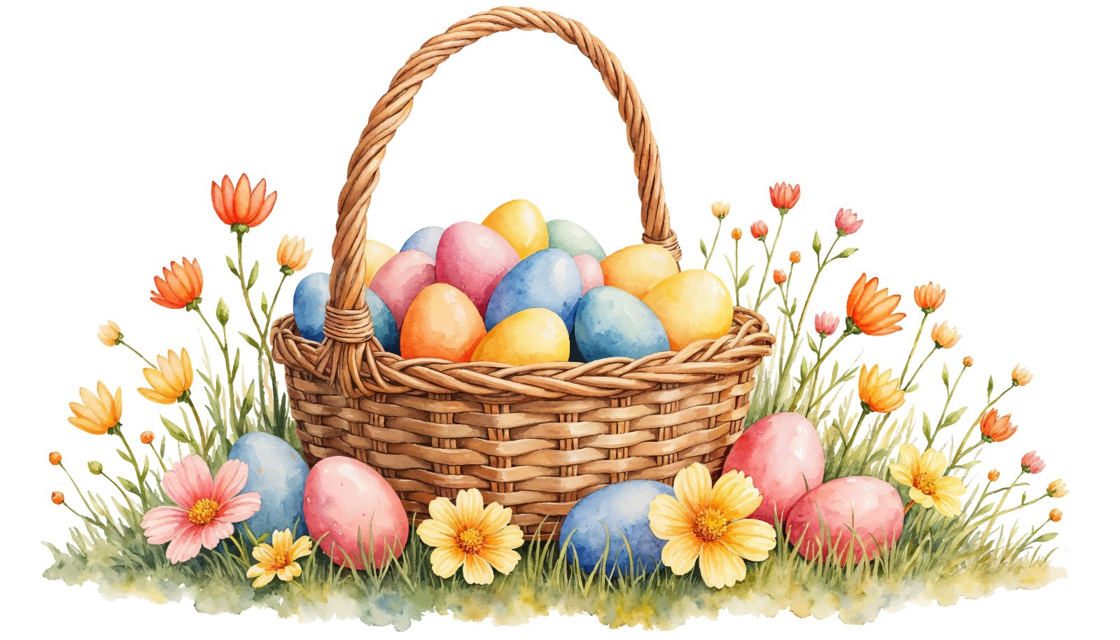 Easter Basket With Colorful Eggs Flowers