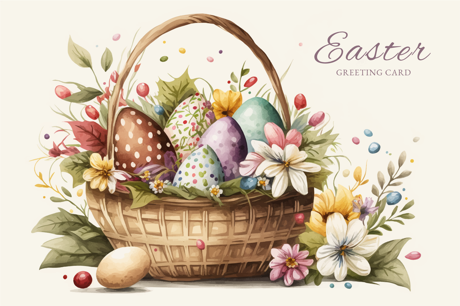 Easter Basket With Decorated Eggs And Flowers