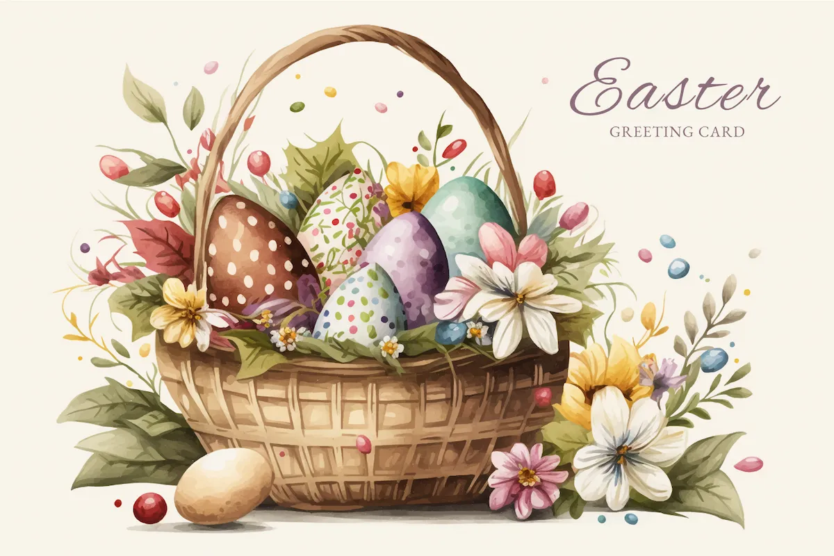 Laser cut and engrave Easter Basket With Decorated Eggs And Flowers