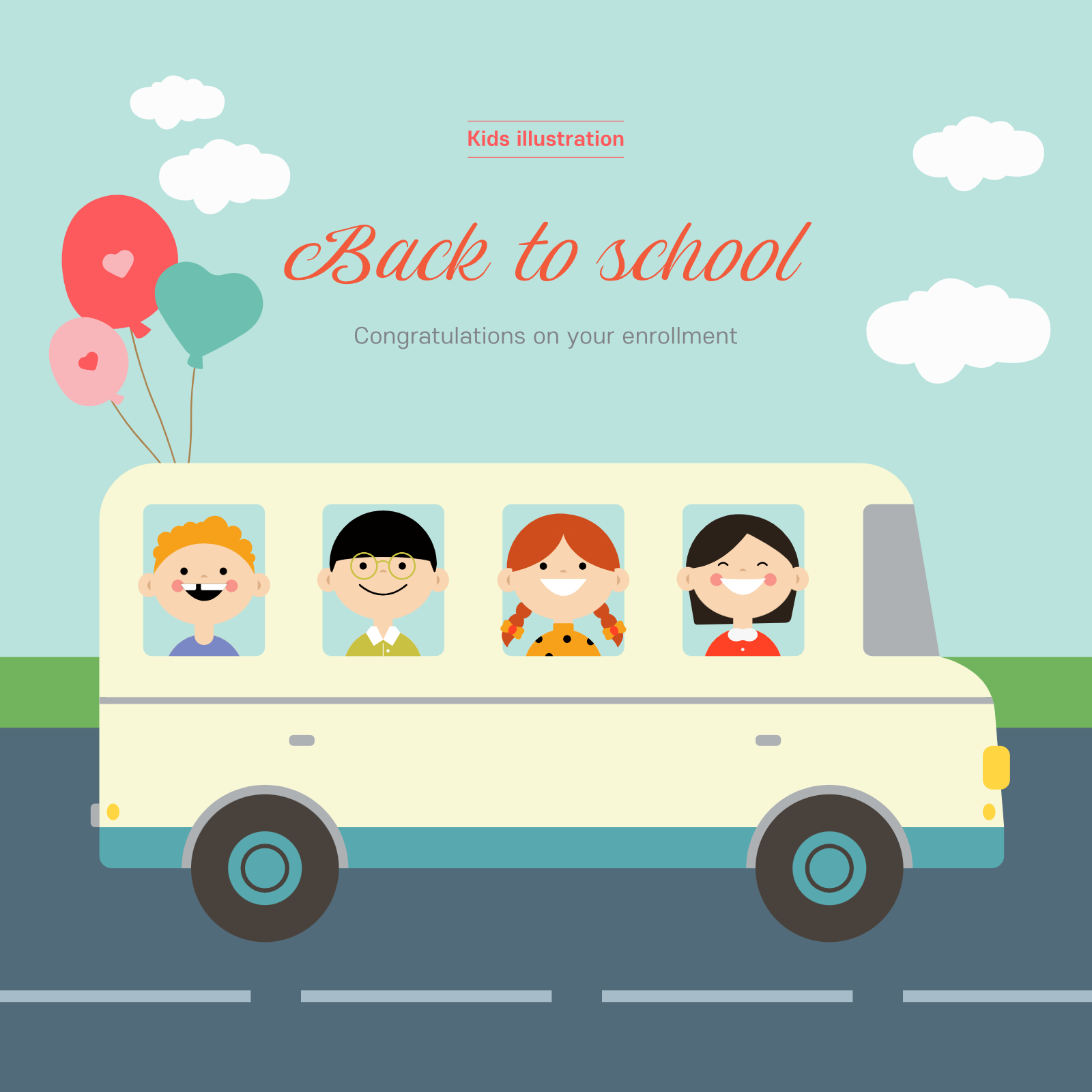 Children Riding School Bus With Balloons