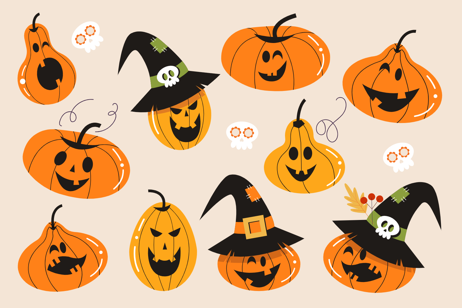 Halloween Pumpkin Faces And Witch Hats