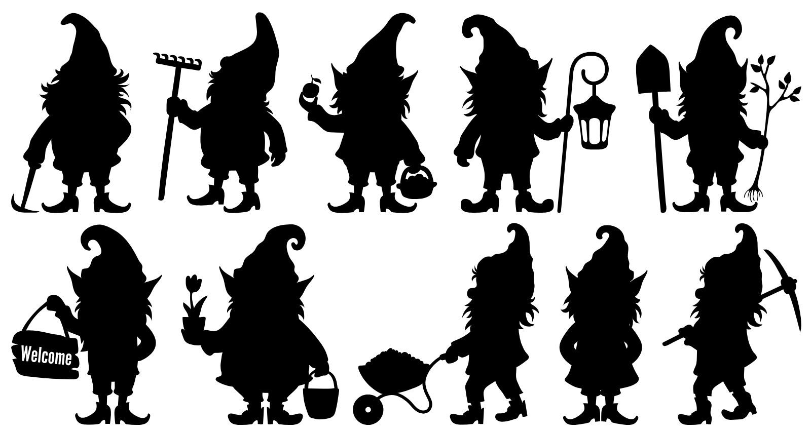 Garden Gnome Silhouette Collection With Tools