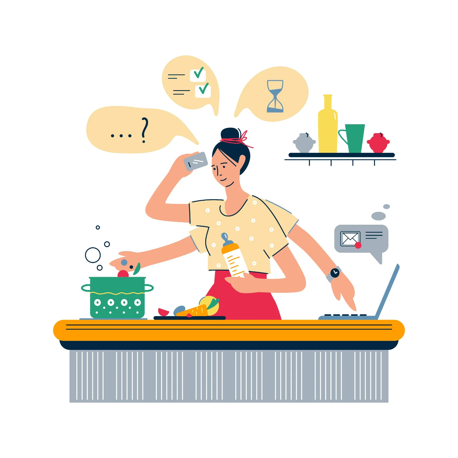 Multitasking Woman Cooking And Working