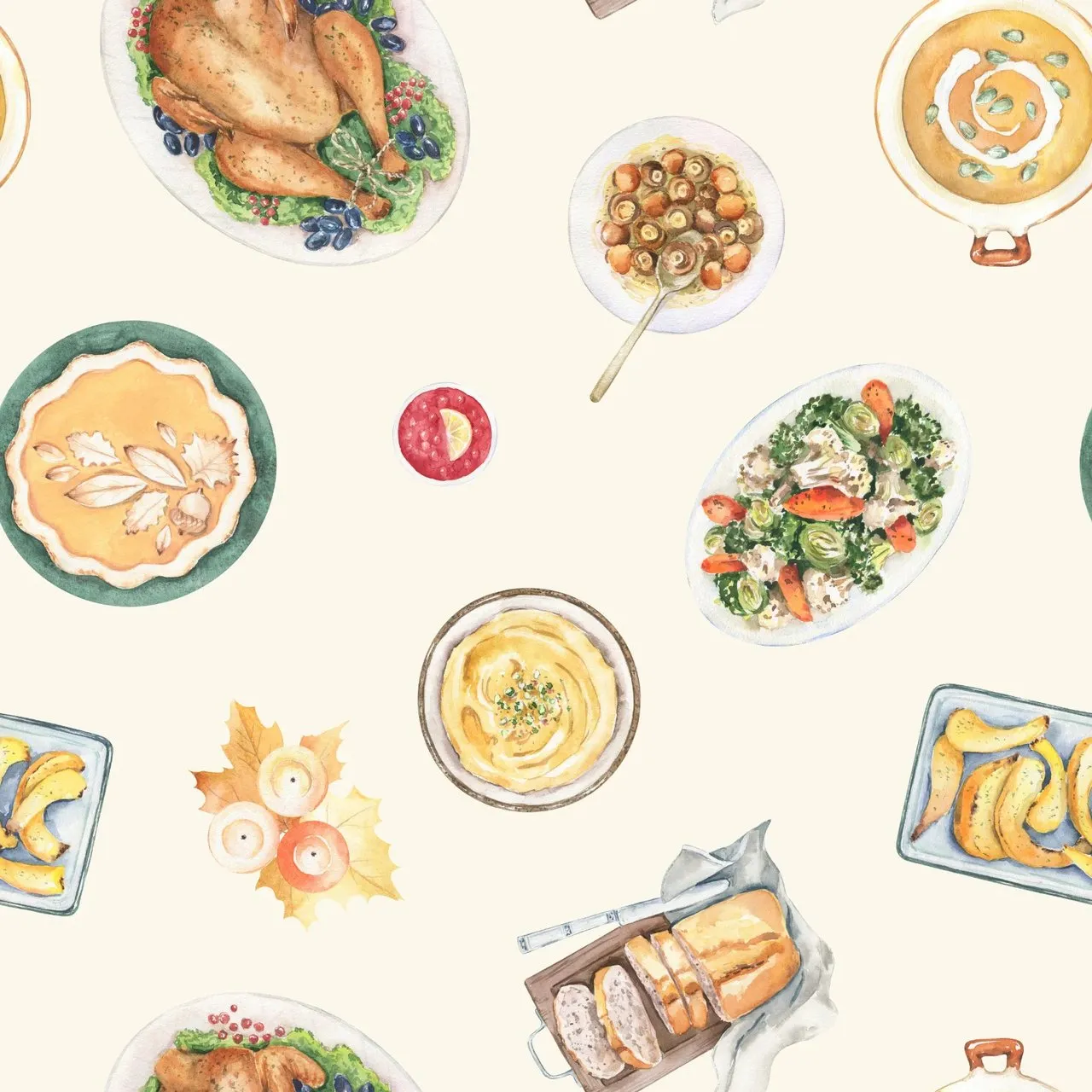 Laser cut and engrave Thanksgiving Dinner Dishes Seamless Pattern
