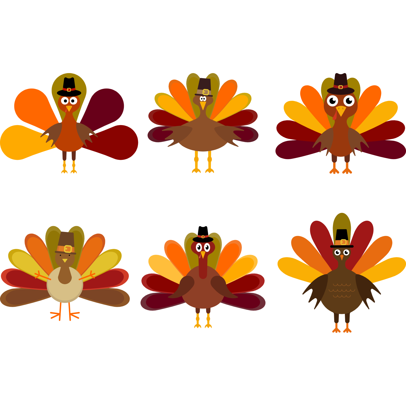 Set Of Six Thanksgiving Turkey Characters