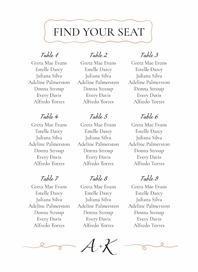 Wedding Seating Chart With Table Names