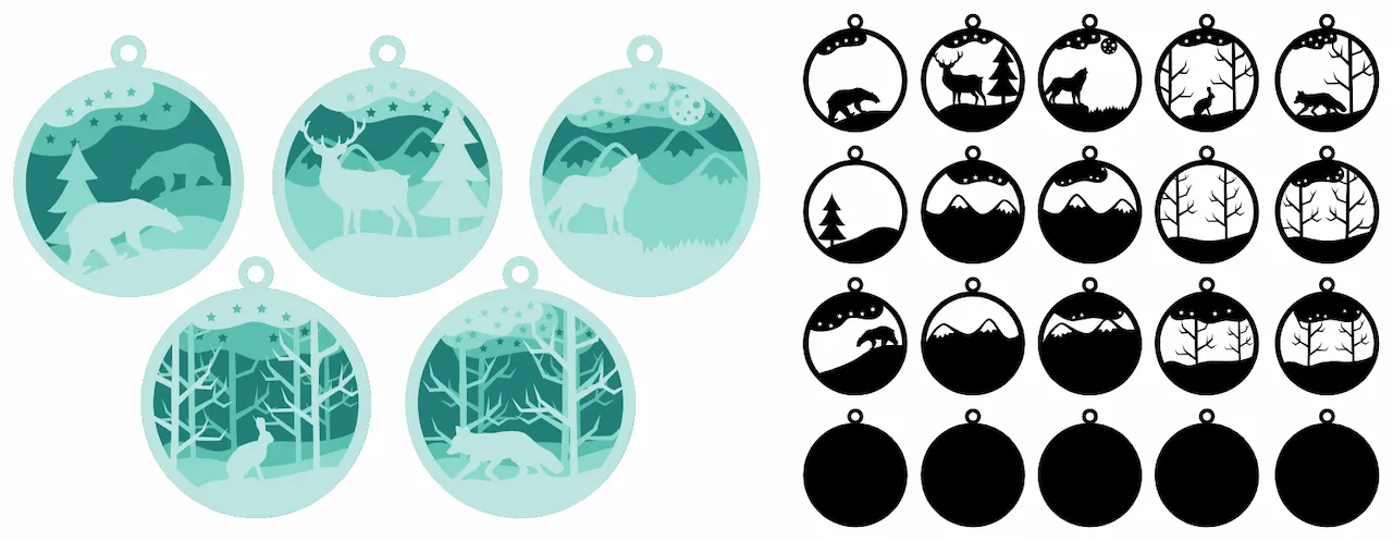 Laser cut and engrave Circular Forest Animal Ornament Cutout Templates