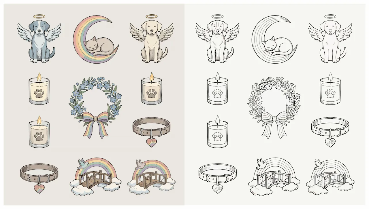 Laser cut and engrave Pet Memorial Rainbow Bridge Icon Set