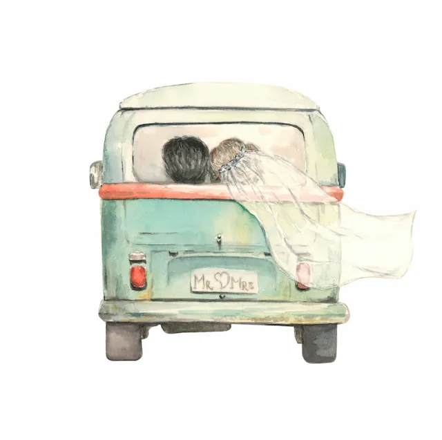 Newlywed Couple Driving Vintage Van