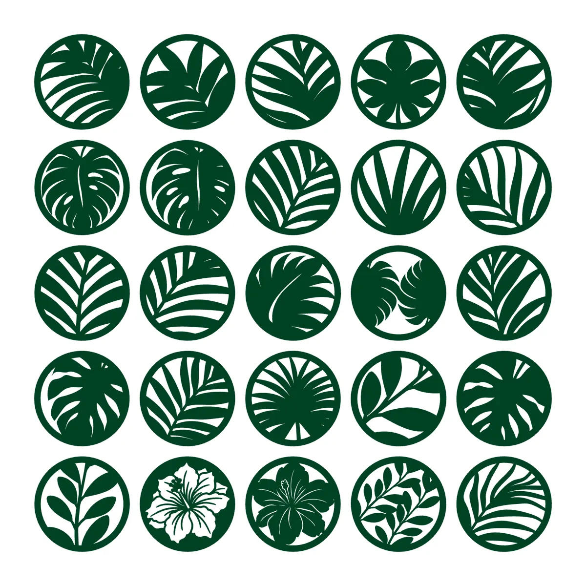 Laser cut and engrave Tropical Leaf And Flower Circular Icons
